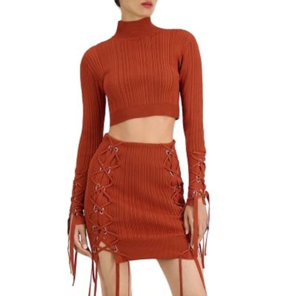 Herve Leger Variegated Rib Lace Up Crop Top & Mini Skirt Set Rust XXS XS